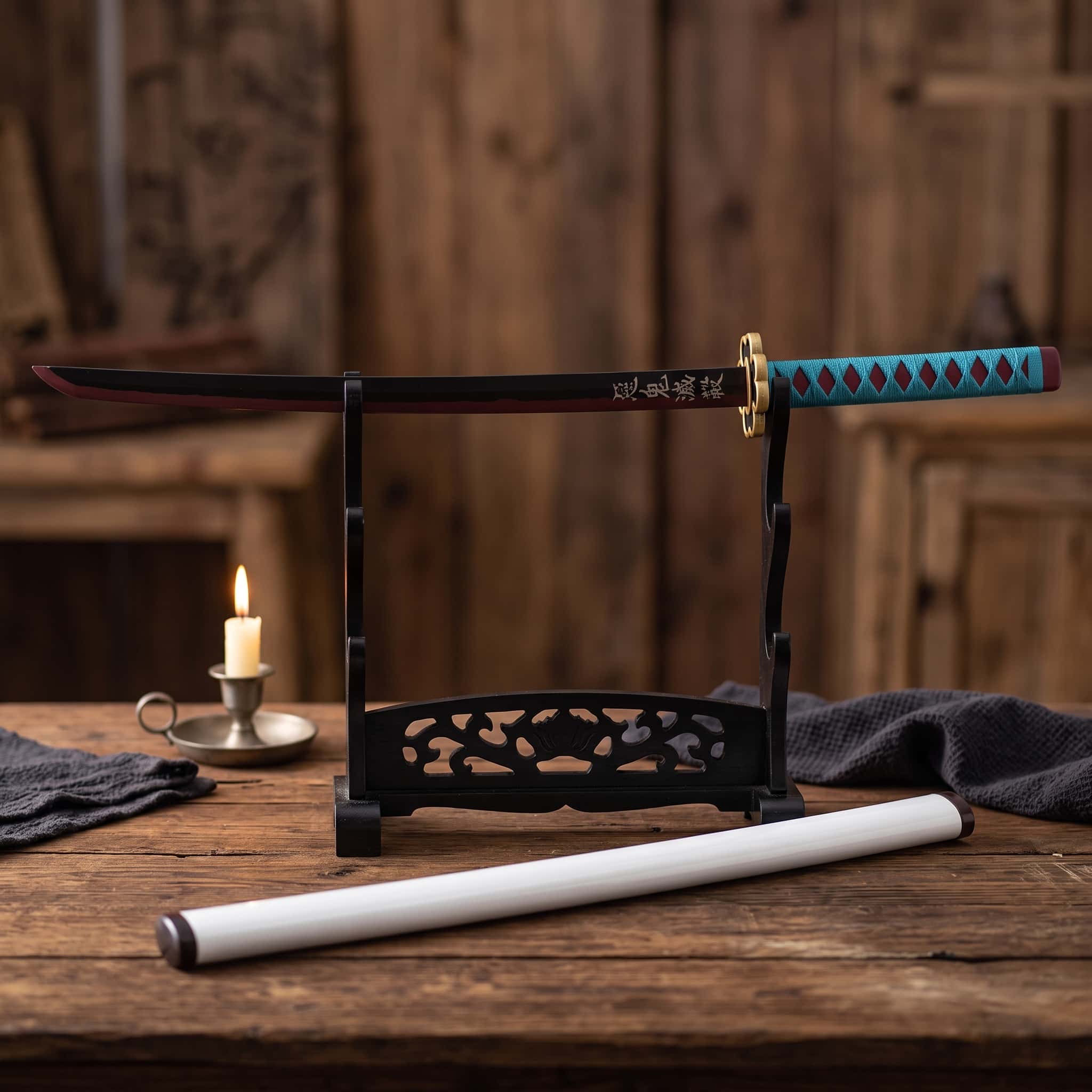 Katana Mitsuri Kanroji Demon Slayer posé à l'horizontale sur un présentoir (support non inclus)