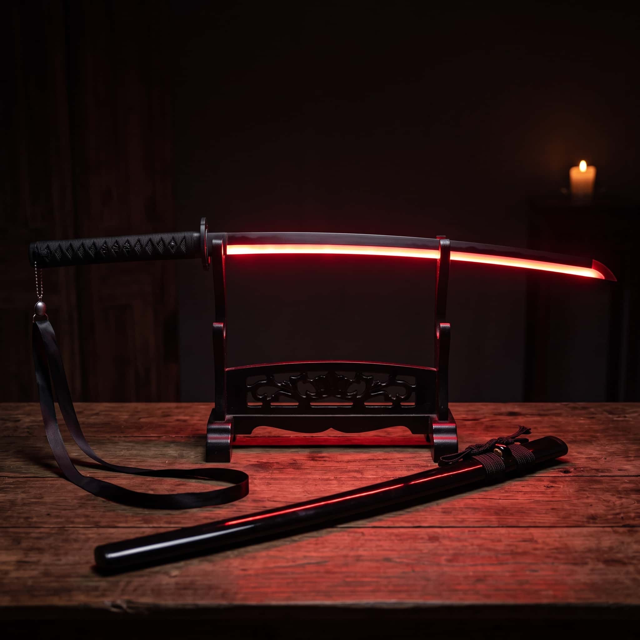 Katana LED de 104 cm à lame lumineuse rouge posé sur un présentoir noir dans une pièce sombre, avec son fourreau noir traversé d'un filet rouge et sa dragonne