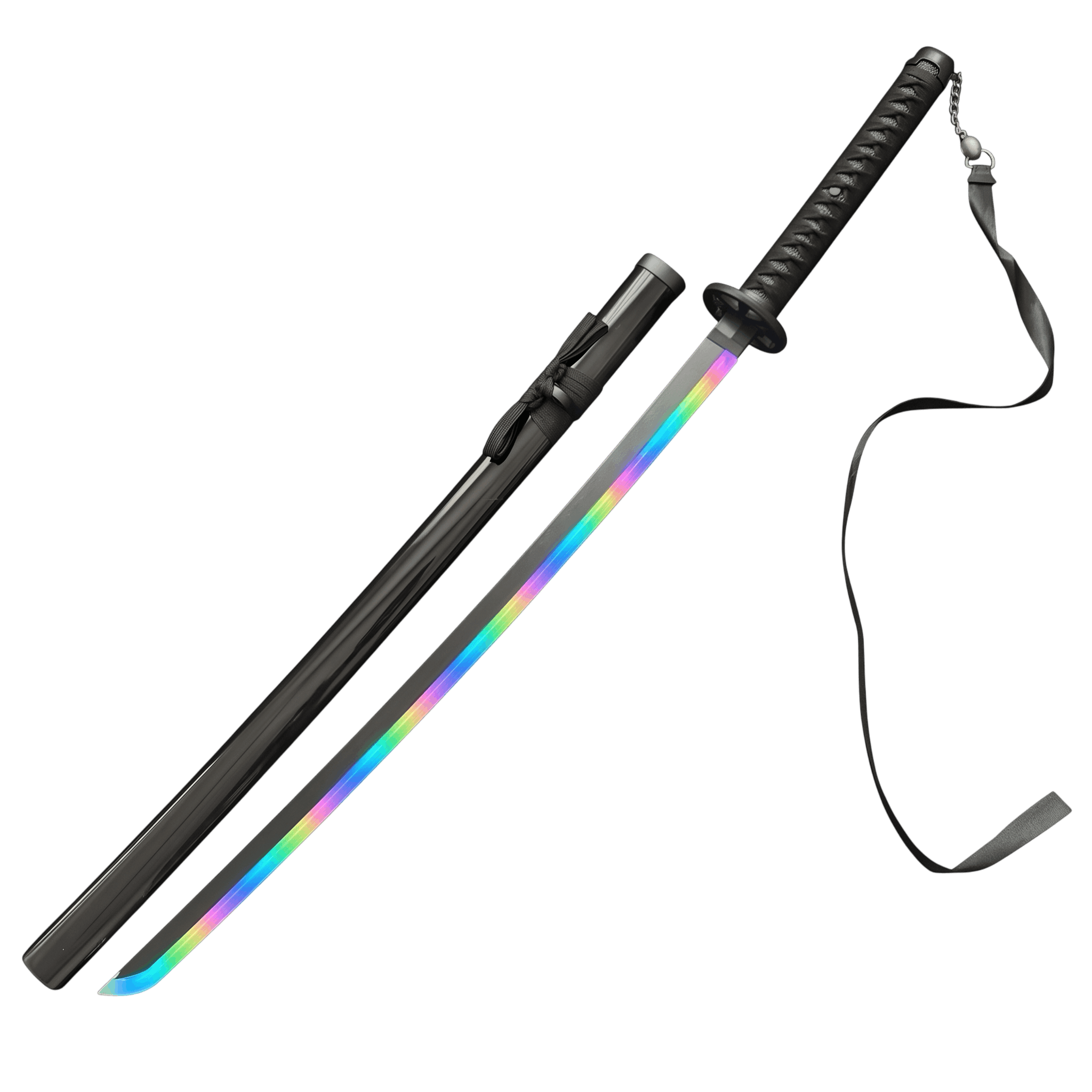 Katana LED RGB détouré sur fond blanc, lame noire à tranche lumineuse multicolore