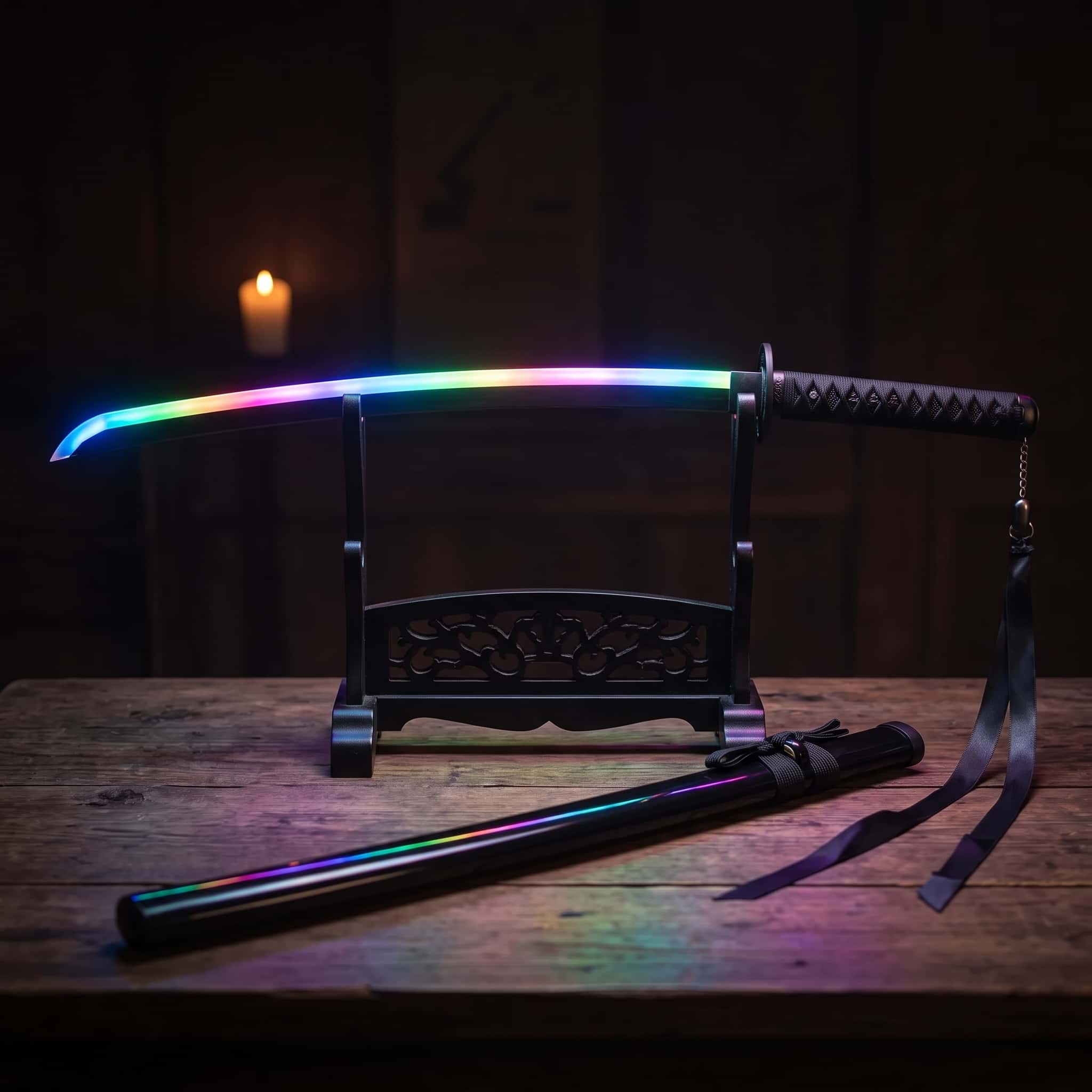 Katana LED RGB de 104 cm à lame lumineuse multicolore posé sur un présentoir noir dans une pièce sombre, avec son fourreau noir à filet arc-en-ciel et sa dragonne