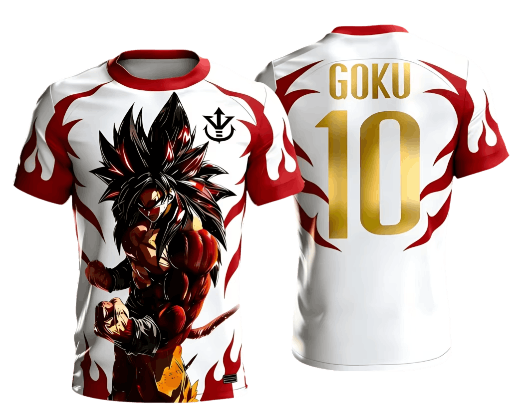 Maillot de foot Dragon Ball blanc à flammes vu de face et de dos : Goku Super Saiyan 4, col rouge et impression GOKU 10 doré