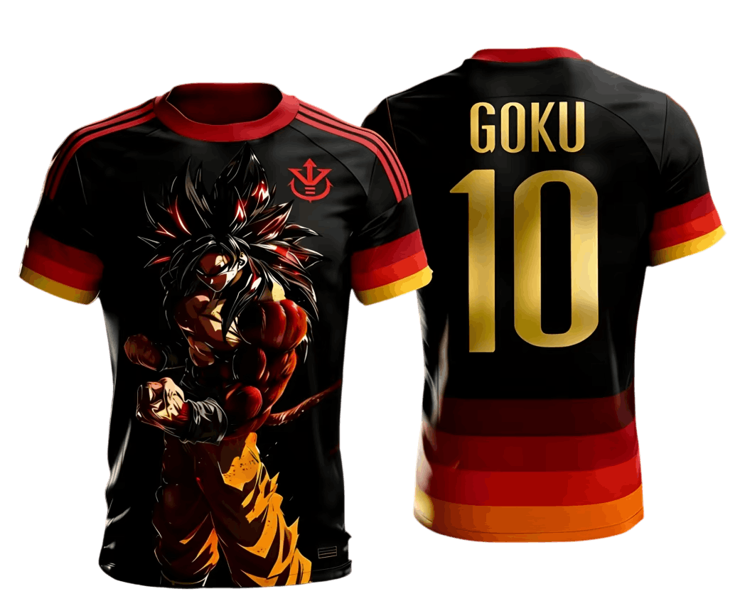 Maillot de foot Dragon Ball noir et rouge vu de face et de dos : Goku Super Saiyan 4, blason royal saiyan rouge et impression GOKU 10 doré