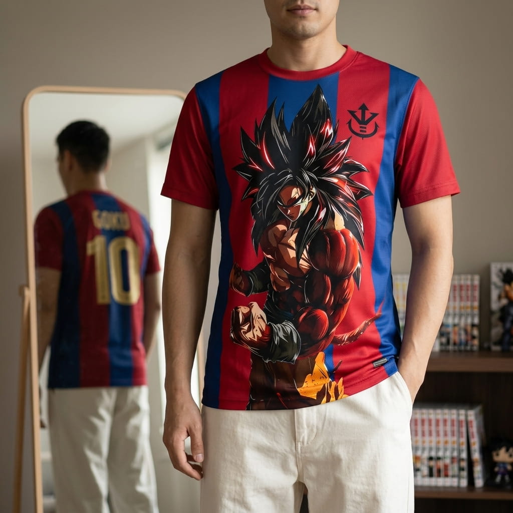 Maillot de foot Dragon Ball rayé rouge et bleu porté, avec Goku Super Saiyan 4 sur le devant et GOKU 10 visible au dos dans le miroir (décor non inclus)