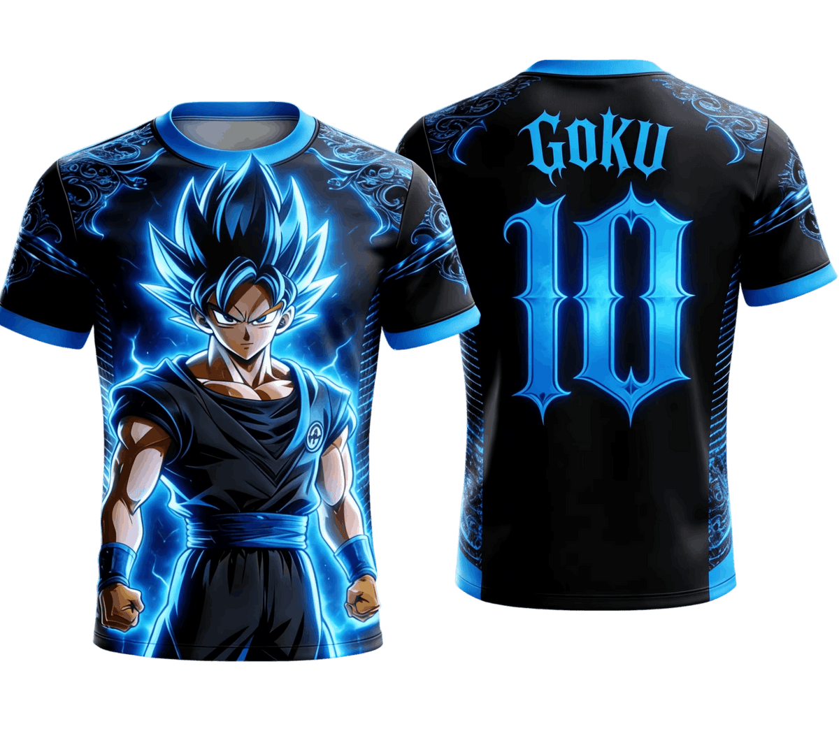 Maillot de foot Dragon Ball noir et bleu vu de face et de dos : Goku Super Saiyan Blue, arabesques bleues et impression GOKU 10