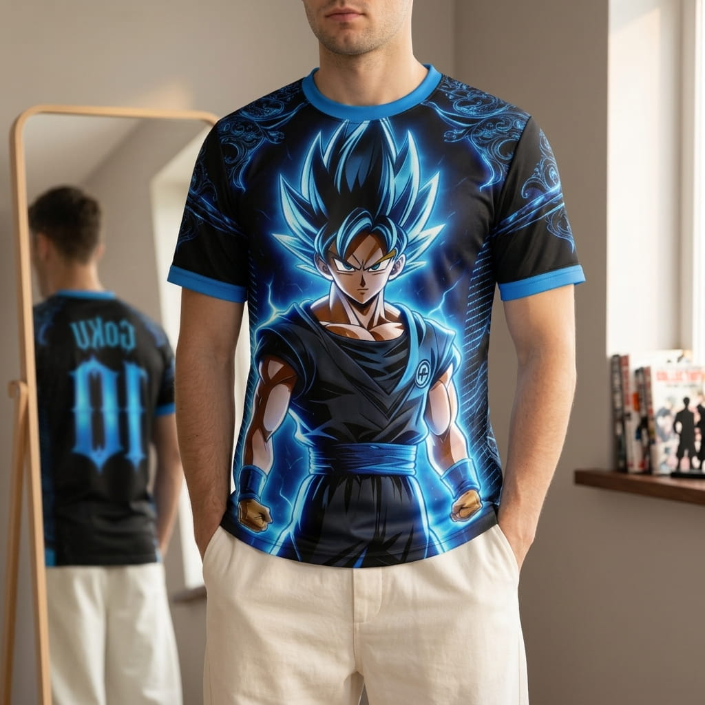 Maillot de foot Dragon Ball noir et bleu porté, avec Goku Super Saiyan Blue sur le devant, arabesques bleues aux épaules et GOKU 10 visible au dos dans le miroir (décor non inclus)