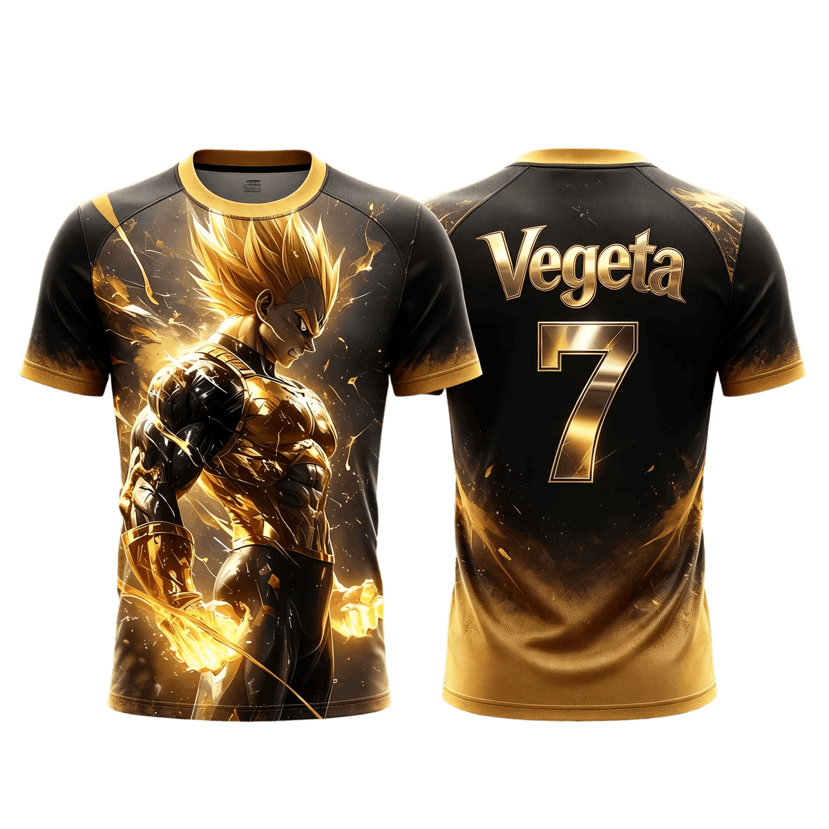 Black and gold Dragon Ball soccer jersey seen front and back: Vegeta Super Saiyan in armour on the front, the name Vegeta and the number 7 in gold on the back