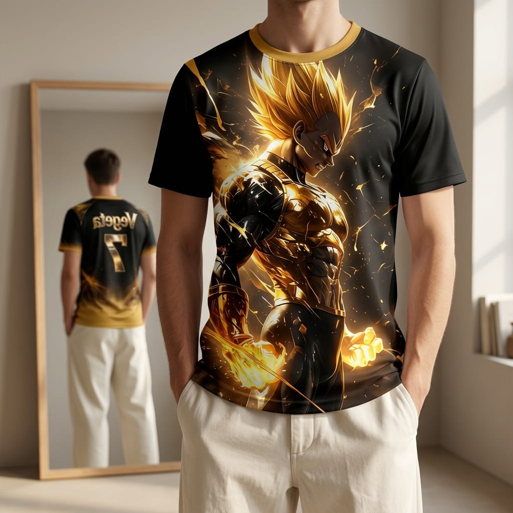 Black and gold Dragon Ball soccer jersey worn, Vegeta Super Saiyan printed on the front and Vegeta 7 visible on the back in the mirror (decor not included)