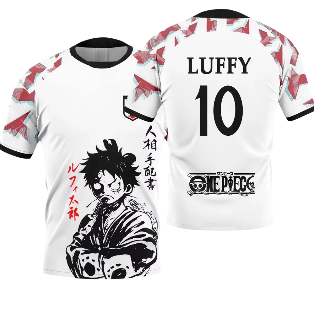 White One Piece soccer jersey with red shoulders, front and back: Luffy's portrait in ink and his Wano name in red on the front, LUFFY and the number 10 on the back