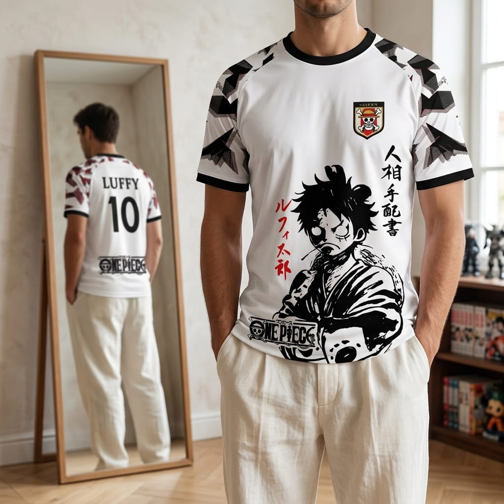 White and red One Piece soccer jersey worn, portrait of Monkey D. Luffy in ink on the front and LUFFY 10 visible on the back in the mirror (decor not included)