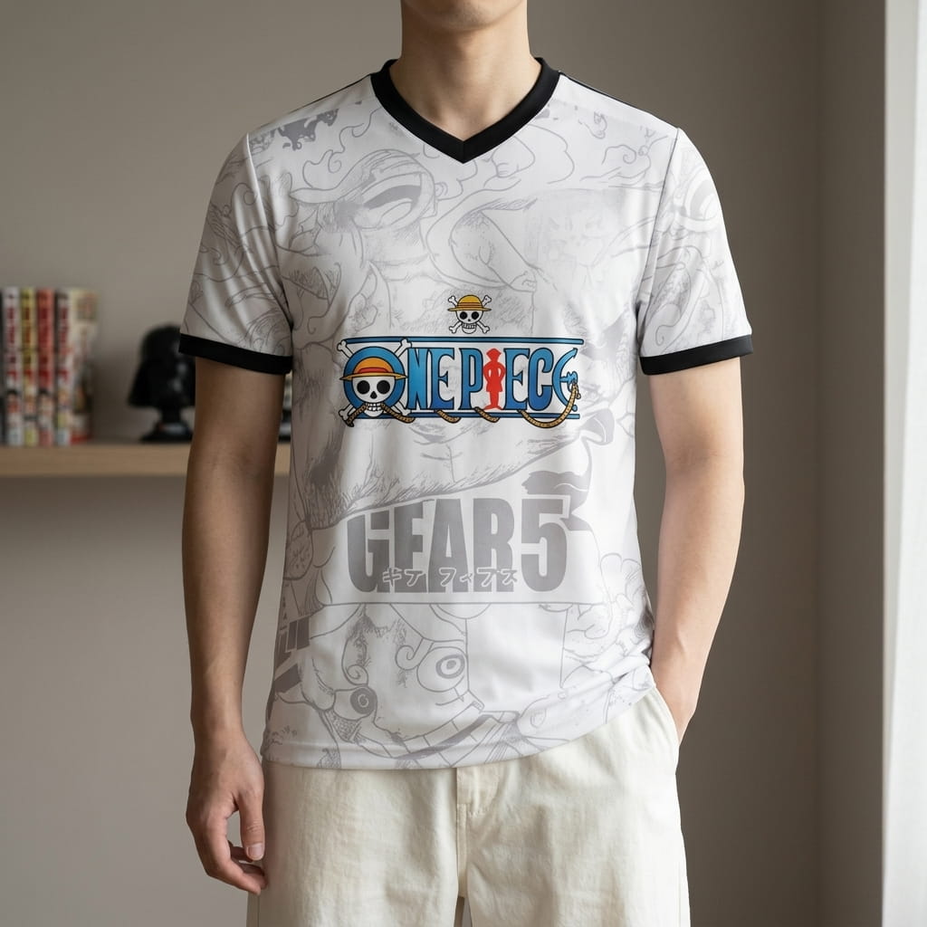 Maillot de foot One Piece blanc à col V noir porté, avec le logo One Piece et GEAR 5 sur un motif gris de Luffy (décor non inclus)