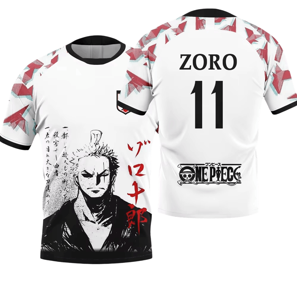 White One Piece soccer jersey with red shoulders, front and back: Zoro's portrait in ink and his Wano name in red on the front, ZORO and the number 11 on the back