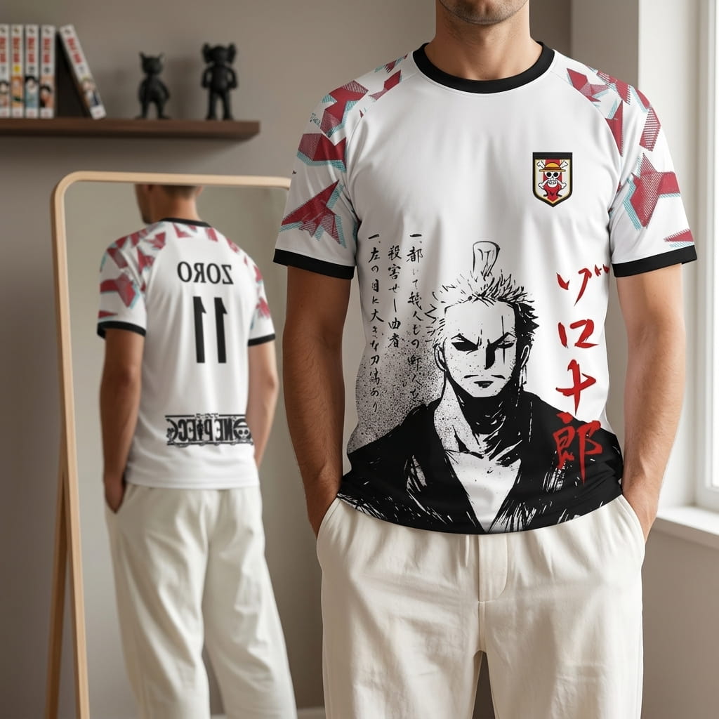 White and red One Piece soccer jersey worn, portrait of Roronoa Zoro in ink on the front and ZORO 11 visible on the back in the mirror (decor not included)