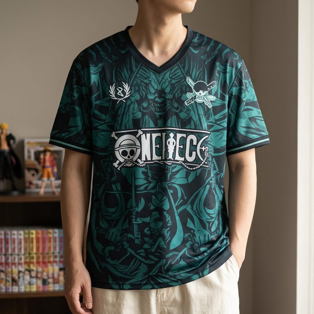 Maillot de foot One Piece vert et noir à col V porté, avec le logo One Piece et le pavillon de Zoro sur la poitrine (décor non inclus)