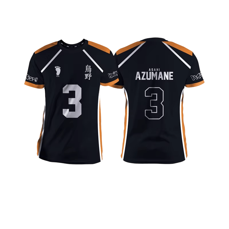 Black and orange Karasuno volleyball jersey, front and back: number 3 and the kanji 烏野 on the front, ASAHI AZUMANE printed on the back above the 3