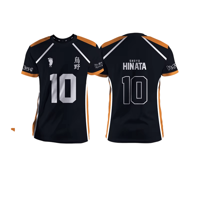 Black and orange Karasuno volleyball jersey, front and back: number 10 and the kanji 烏野 on the front, SHOYO HINATA printed on the back above the 10