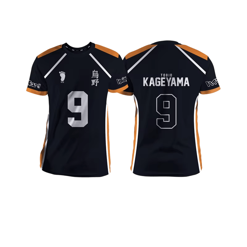 Black and orange Karasuno volleyball jersey, front and back: number 9 and the kanji 烏野 on the front, TOBIO KAGEYAMA printed on the back above the 9
