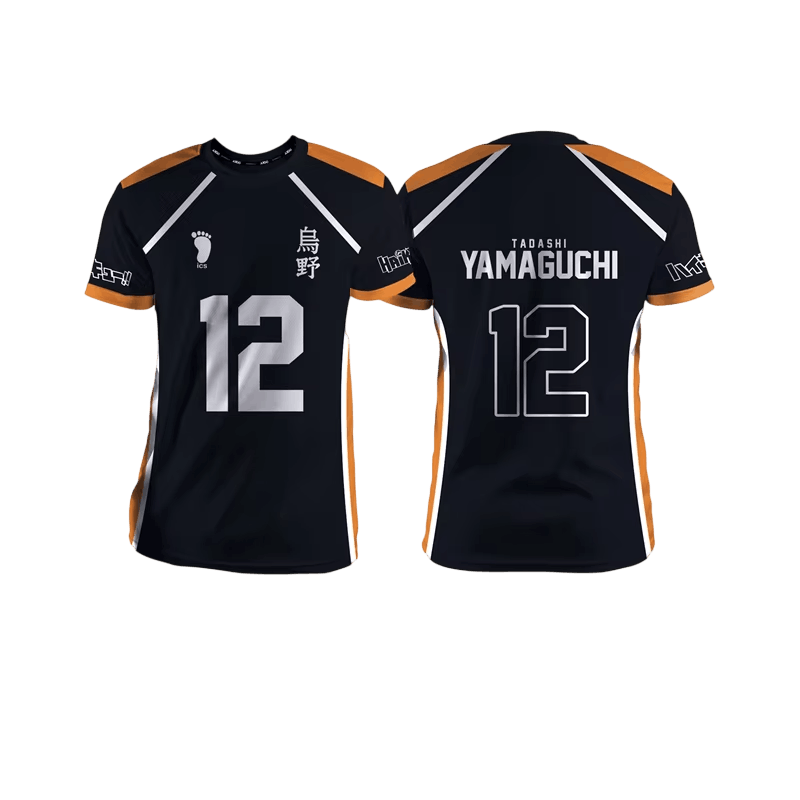 Black and orange Karasuno volleyball jersey, front and back: number 12 and the kanji 烏野 on the front, TADASHI YAMAGUCHI printed on the back above the 12