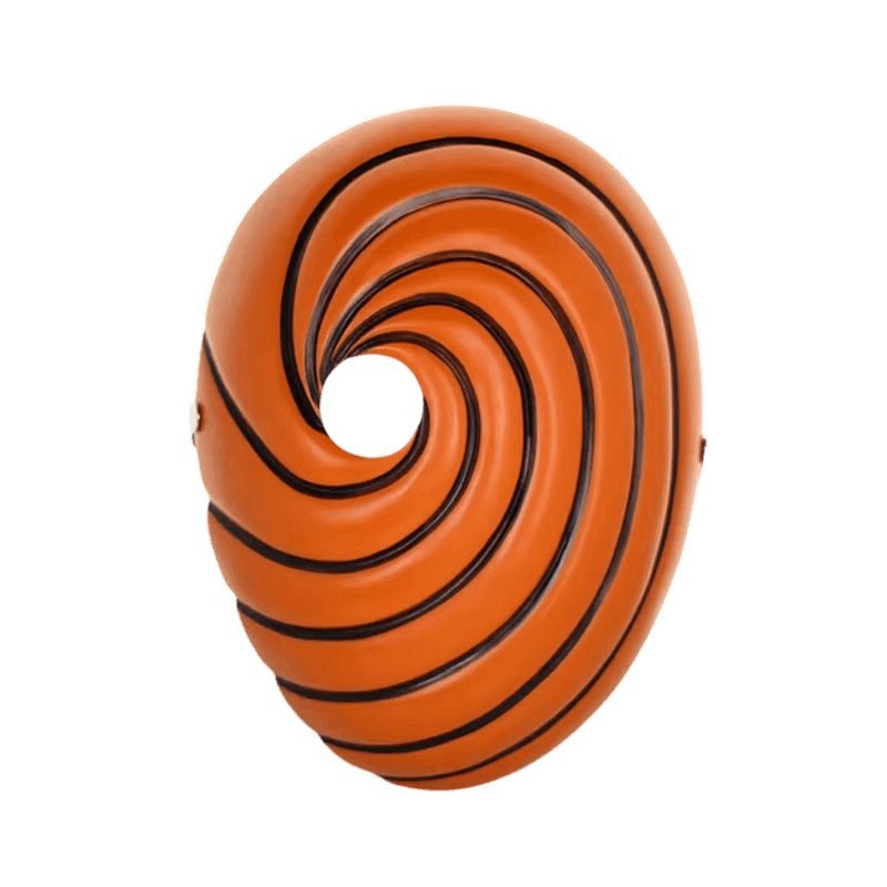 Masque intégral orange de Tobi, spirale noire convergeant vers l'œil unique, détouré sur fond blanc