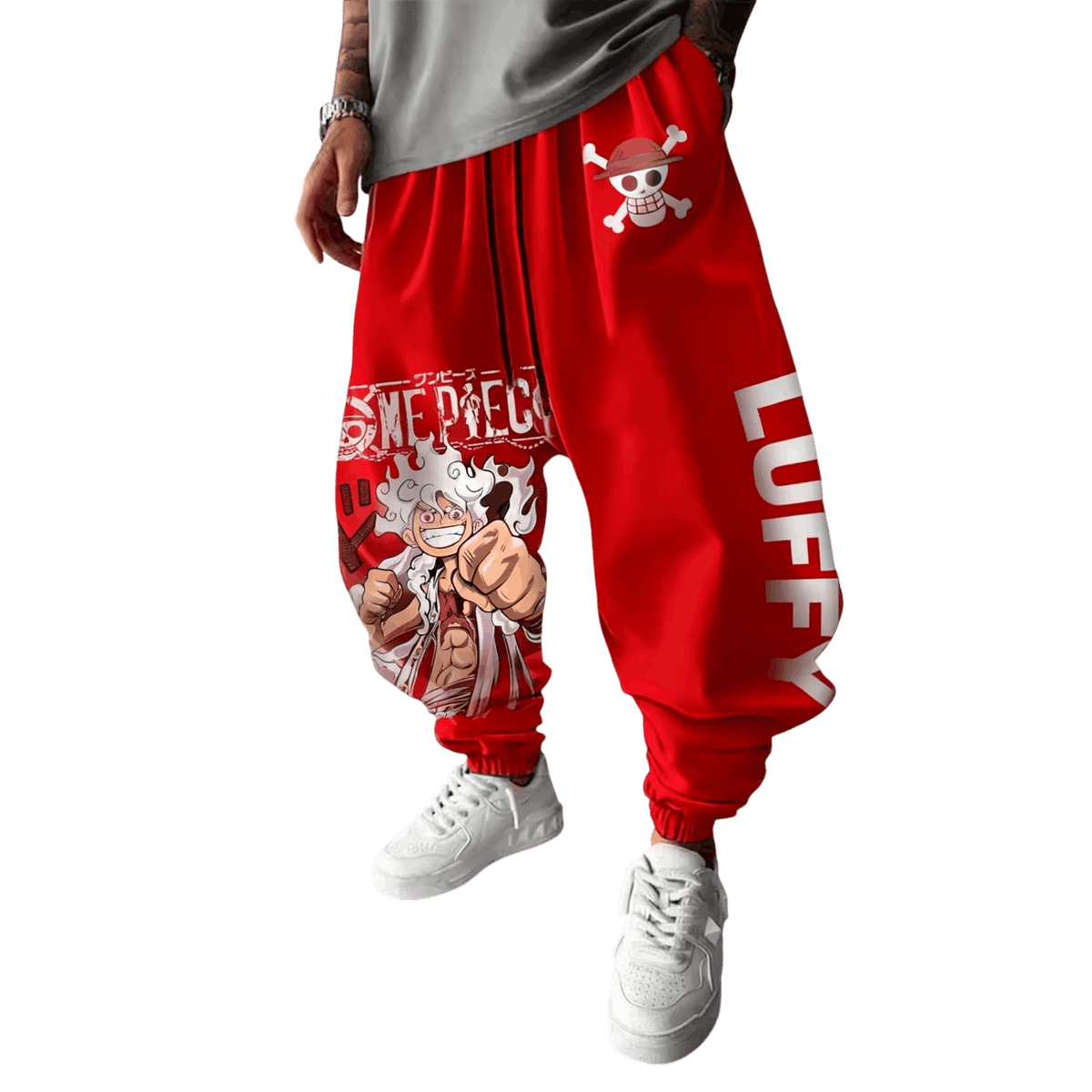 Red One Piece joggers, Jolly Roger on the hip, Luffy Gear 5 on the thigh and LUFFY down the other leg