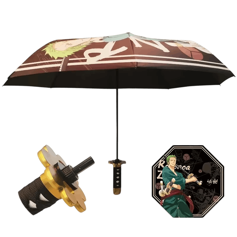 Parapluie Katana Manga – Poignée Sabre, 5 Modèles (Anti-UV) — Zoro, fond rouge