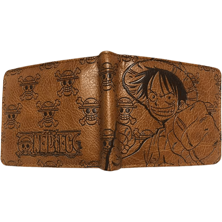Portefeuille One Piece en similicuir gravé, portrait de Luffy et logo de la série