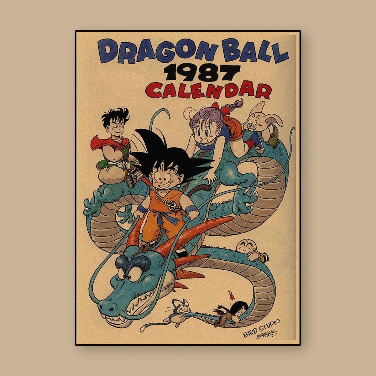 Poster Dragon Ball Goku enfant, Shenron — calendrier 1987, vu à plat sur fond uni : illustration rétro, fond papier kraft, imprimé sur toile mate et livré sans cadre