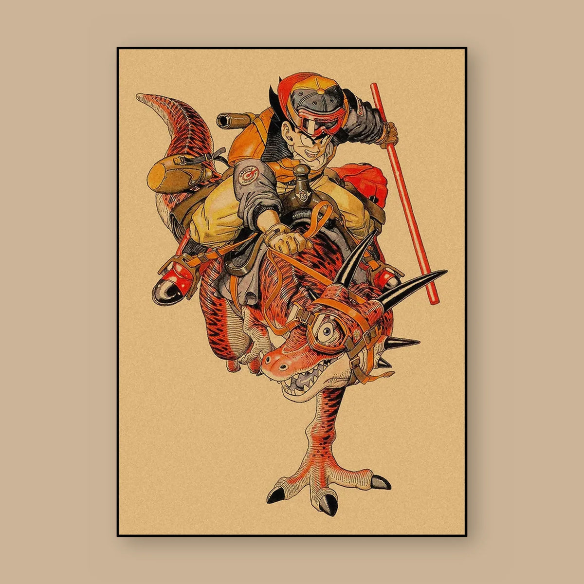 Poster Dragon Ball Illustration d'Akira Toriyama — le cavalier et sa monture, vu à plat sur fond uni : illustration rétro, fond papier kraft, imprimé sur toile mate et livré sans cadre