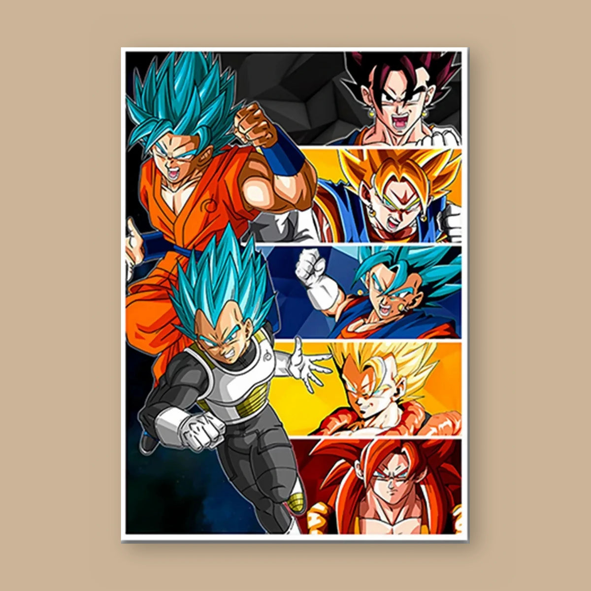 Poster Dragon Ball Goku, Vegeta, Gogeta — collage des fusions, vu à plat sur fond uni : illustration numérique contemporaine, imprimé sur toile mate et livré sans cadre