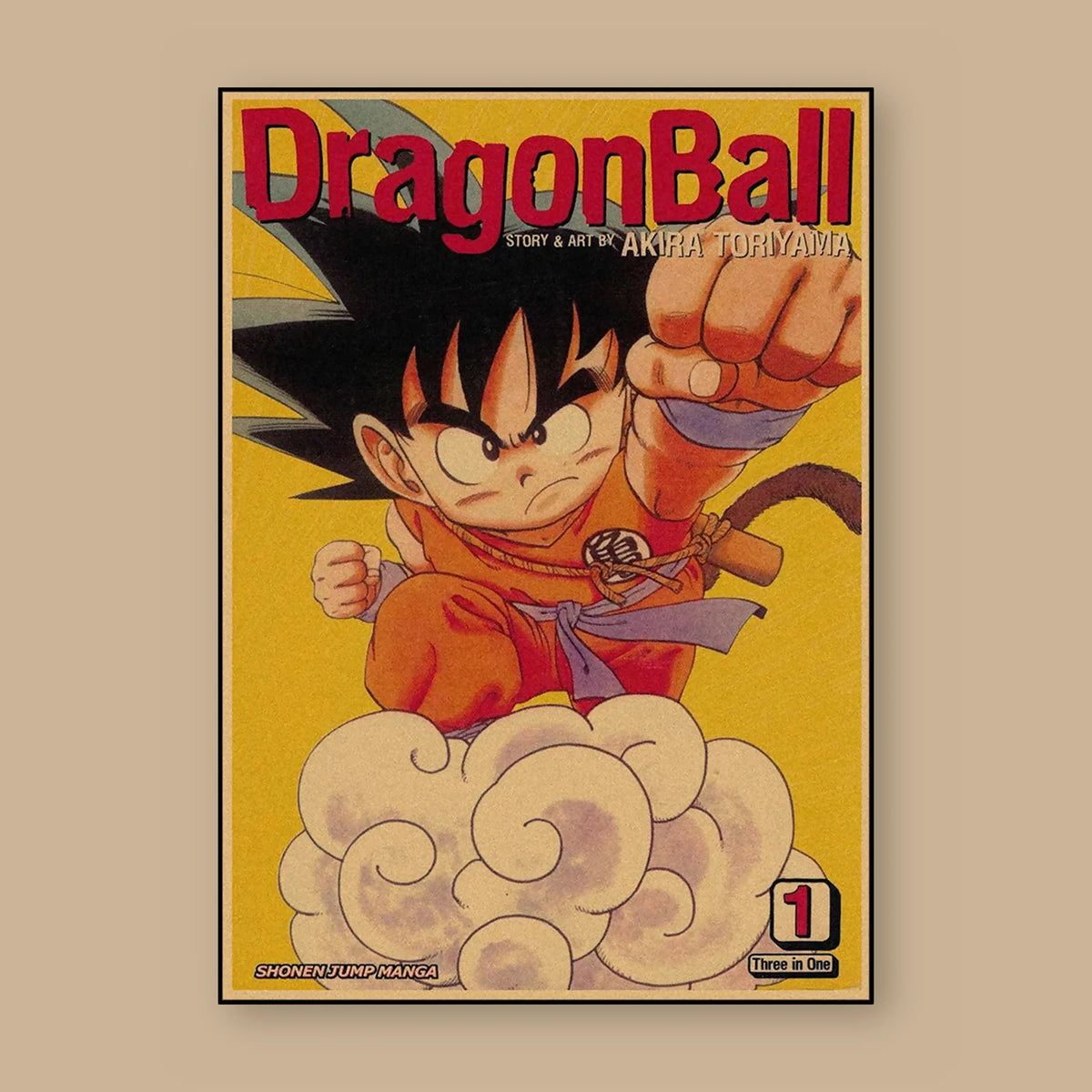 Poster Dragon Ball Son Goku enfant — couverture du tome 1, vu à plat sur fond uni : illustration rétro, fond papier kraft, imprimé sur toile mate et livré sans cadre