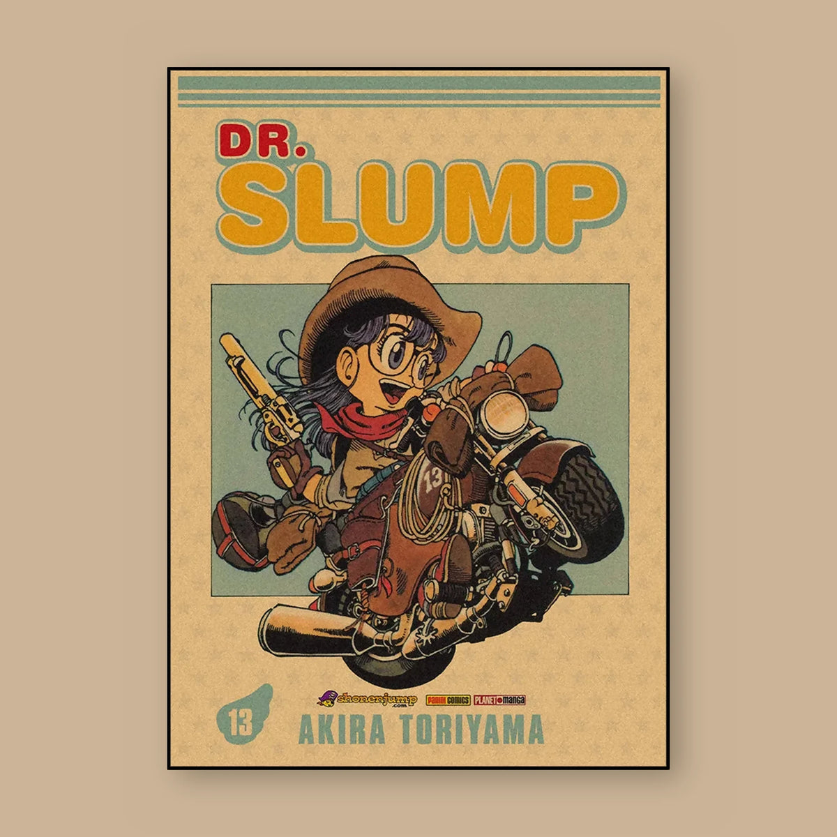 Poster Dragon Ball Arale Norimaki — couverture du tome 13, vu à plat sur fond uni : illustration rétro, fond papier kraft, imprimé sur toile mate et livré sans cadre