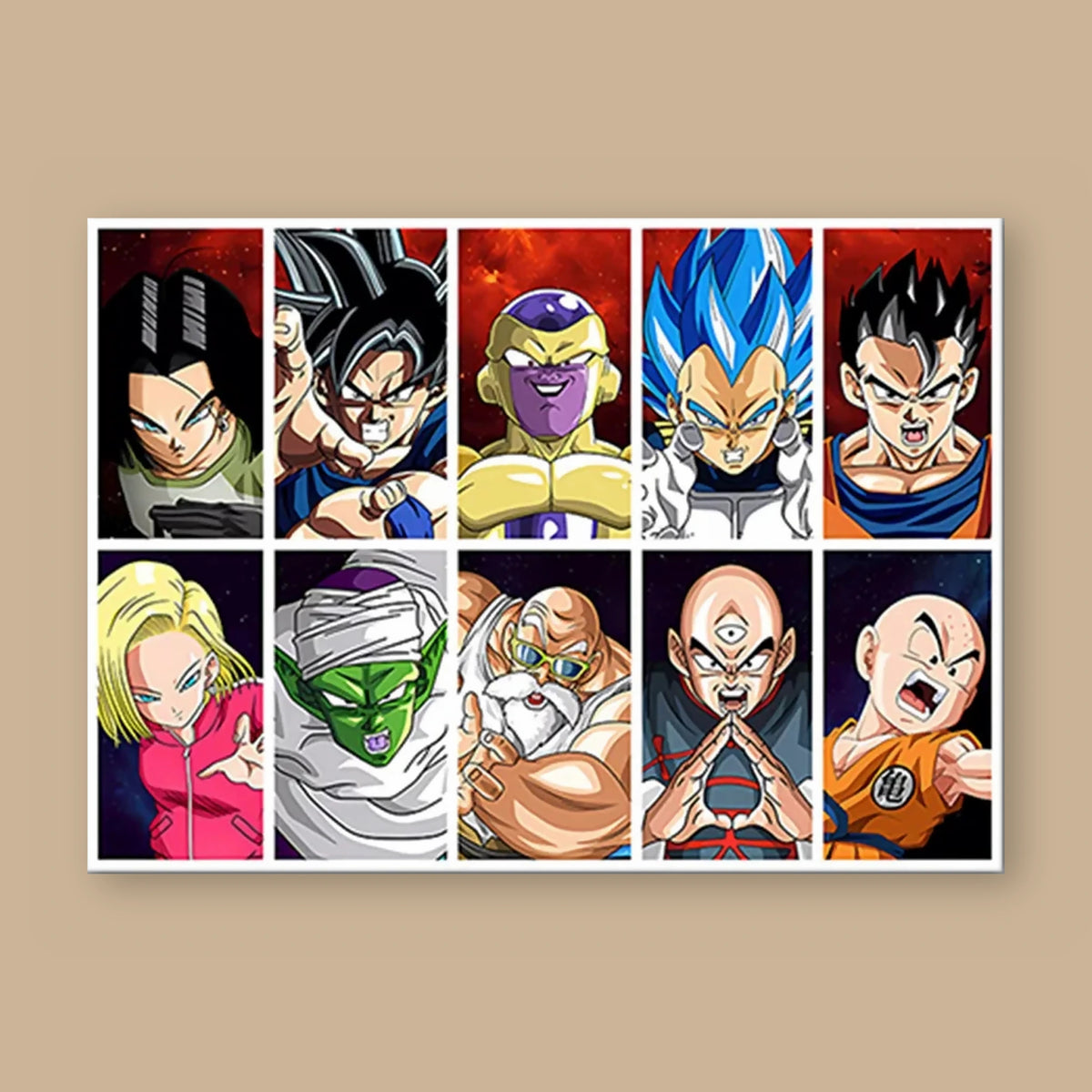 Poster Dragon Ball L'équipe de l'univers 7 — dix portraits, format paysage, vu à plat sur fond uni : illustration numérique contemporaine, imprimé sur toile mate et livré sans cadre