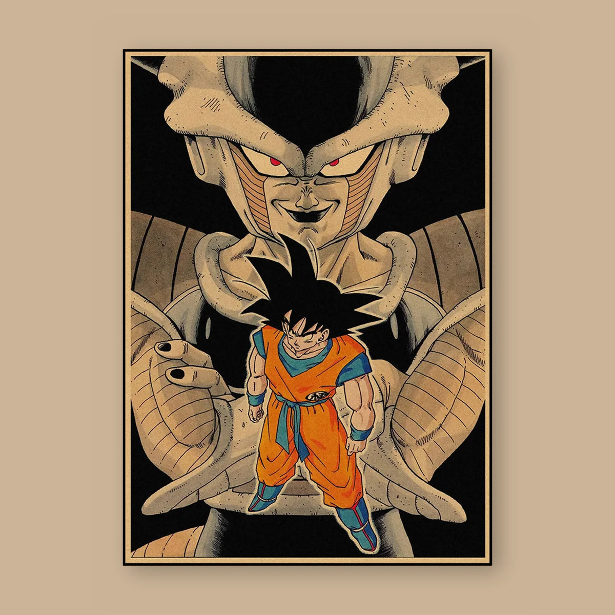 Poster Dragon Ball Freezer, Goku — Freezer en surplomb, vu à plat sur fond uni : illustration rétro, fond papier kraft, imprimé sur toile mate et livré sans cadre