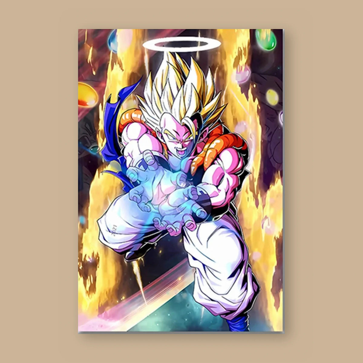 Poster Dragon Ball Gogeta — Gogeta auréolé, vu à plat sur fond uni : illustration numérique contemporaine, imprimé sur toile mate et livré sans cadre