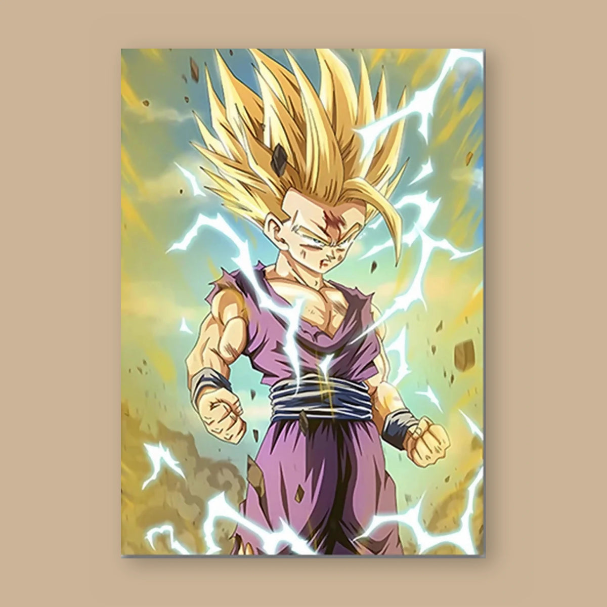 Poster Dragon Ball Son Gohan — cadrage serré, ciel pâle, vu à plat sur fond uni : illustration numérique contemporaine, imprimé sur toile mate et livré sans cadre