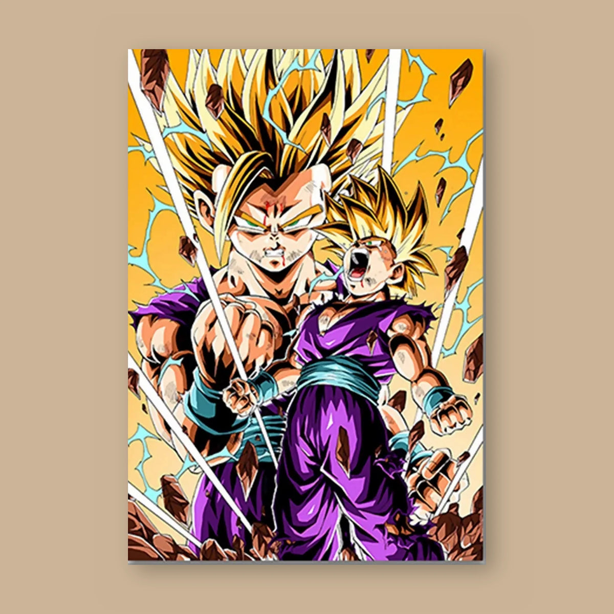 Poster Dragon Ball Son Gohan, Son Goku — père et fils sur fond orange, vu à plat sur fond uni : illustration numérique contemporaine, imprimé sur toile mate et livré sans cadre