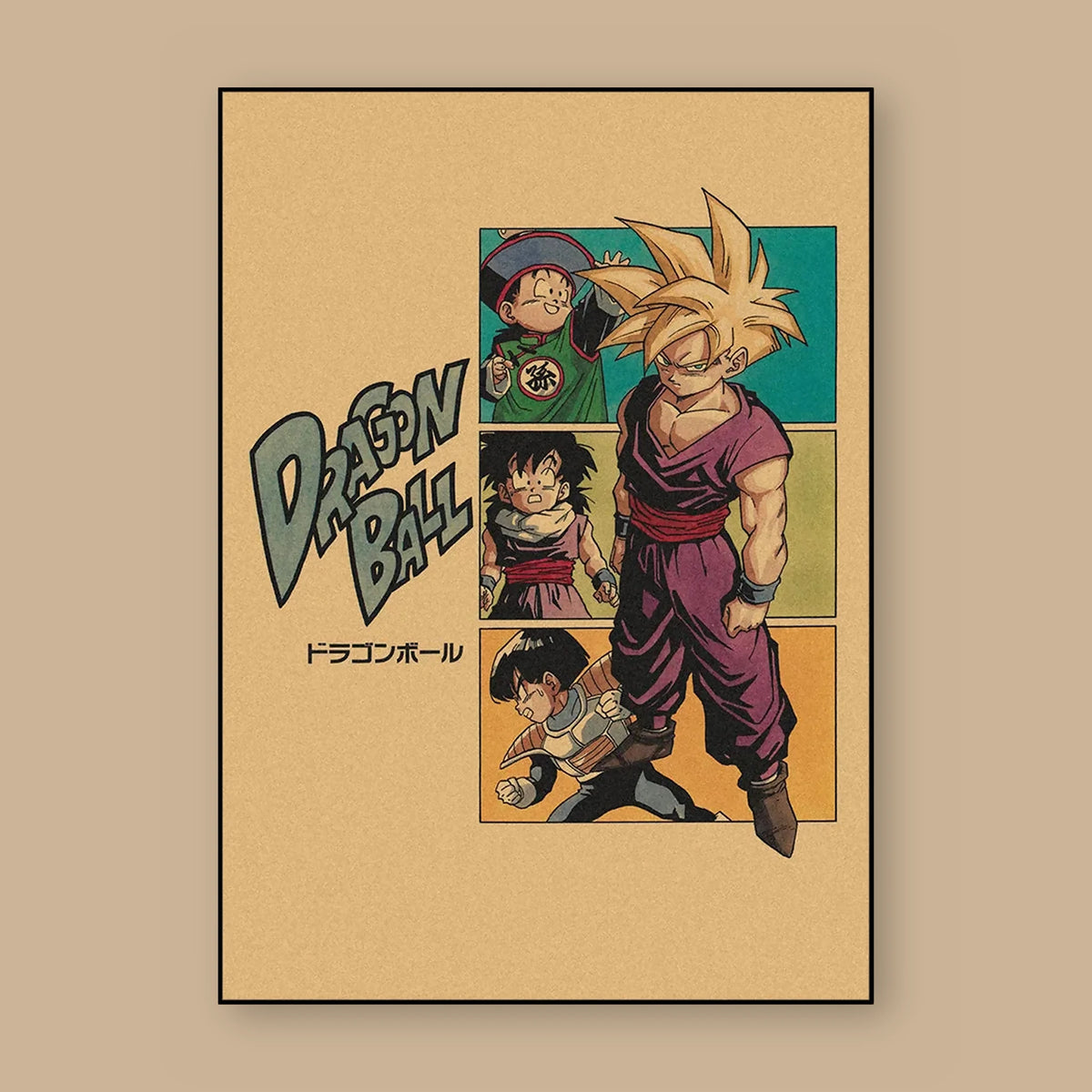Poster Dragon Ball Son Gohan — en cases, fond kraft, vu à plat sur fond uni : illustration rétro, fond papier kraft, imprimé sur toile mate et livré sans cadre