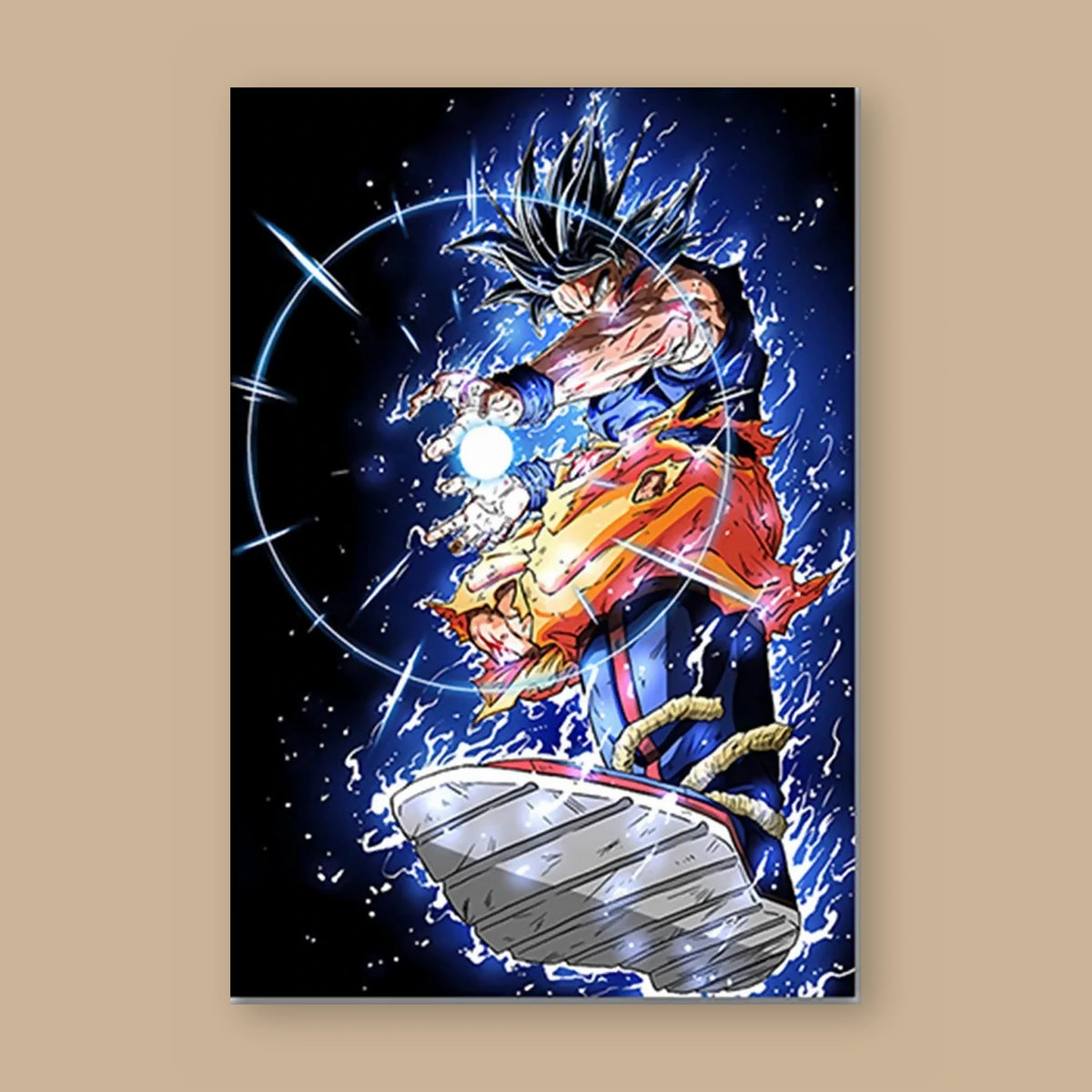 Poster Dragon Ball Son Goku — bâton magique et nuage, vu à plat sur fond uni : illustration numérique contemporaine, imprimé sur toile mate et livré sans cadre