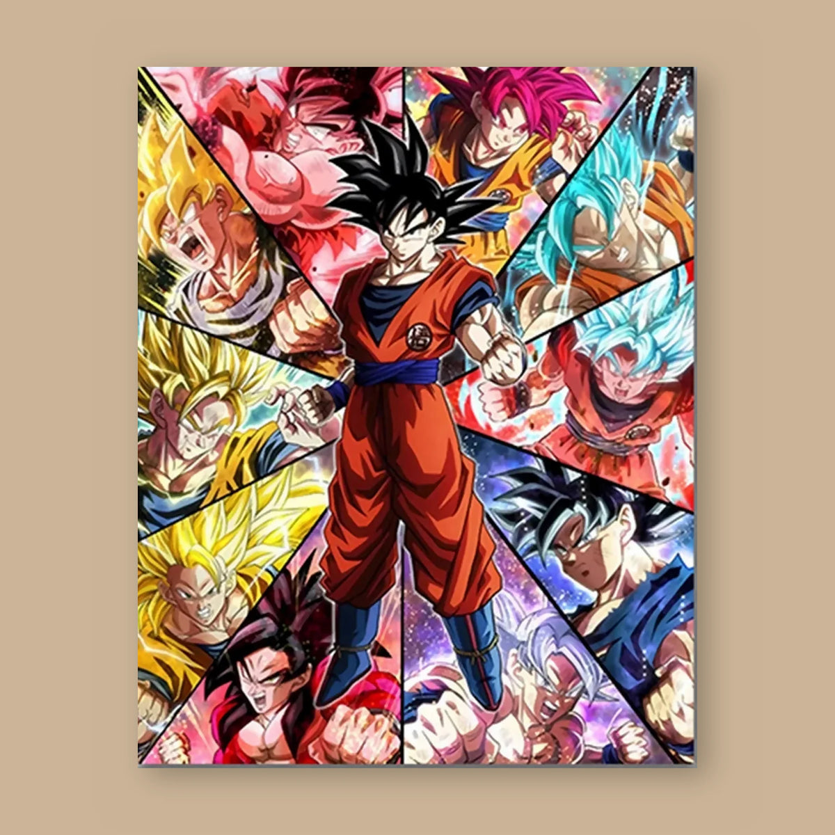 Poster Dragon Ball Son Goku — au centre de ses formes, vu à plat sur fond uni : illustration numérique contemporaine, imprimé sur toile mate et livré sans cadre