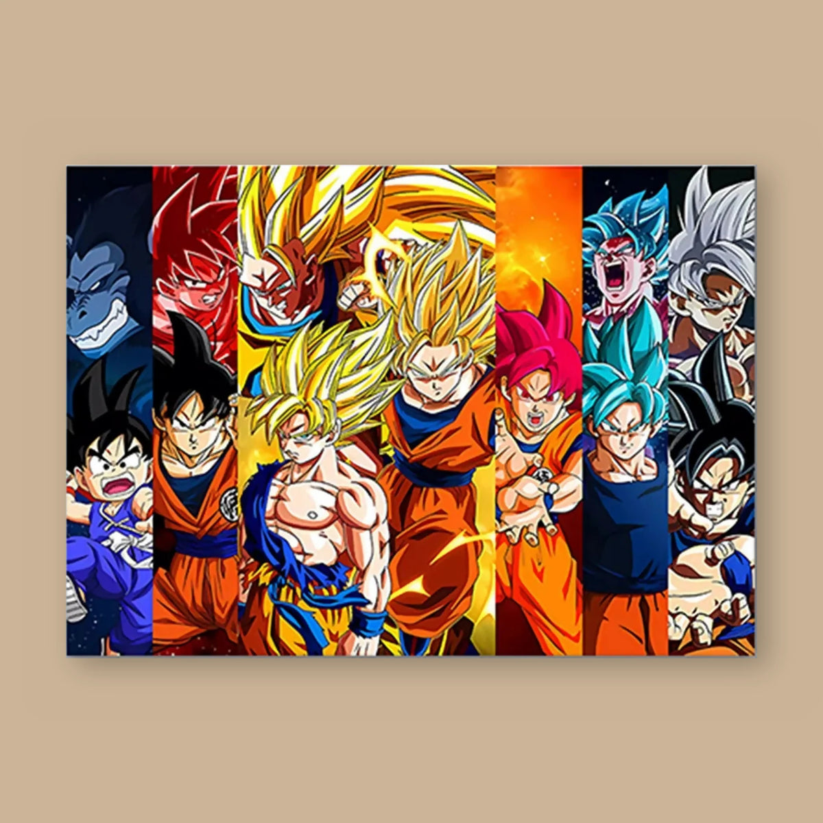 Poster Dragon Ball Son Goku — neuf bandes colorées, paysage, vu à plat sur fond uni : illustration numérique contemporaine, imprimé sur toile mate et livré sans cadre