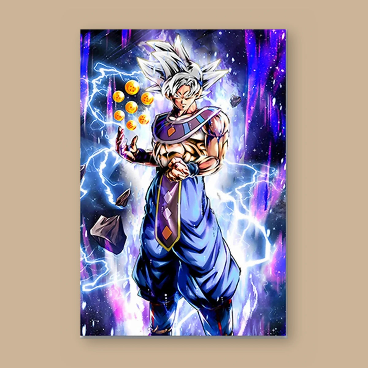 Poster Dragon Ball Son Goku — les sept boules de cristal, vu à plat sur fond uni : illustration numérique contemporaine, imprimé sur toile mate et livré sans cadre