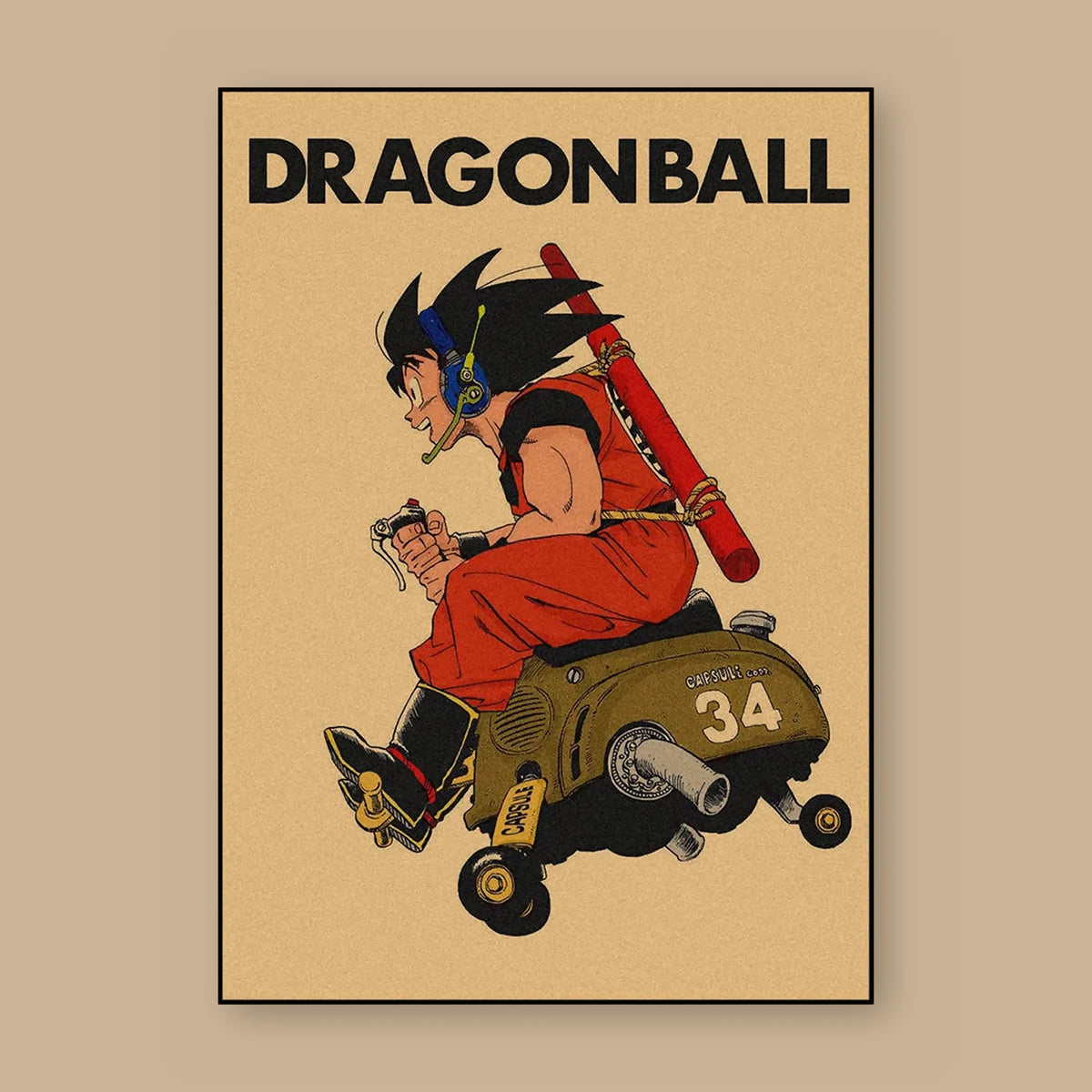 Poster Dragon Ball Son Goku — véhicule capsule, vu à plat sur fond uni : illustration rétro, fond papier kraft, imprimé sur toile mate et livré sans cadre