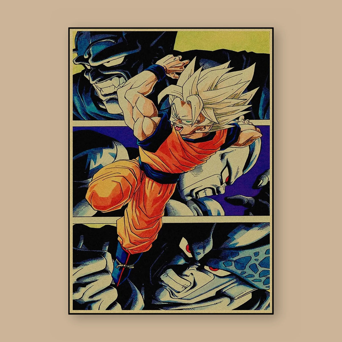 Poster Dragon Ball Son Goku, Cell — planche en cases, vu à plat sur fond uni : illustration rétro, fond papier kraft, imprimé sur toile mate et livré sans cadre