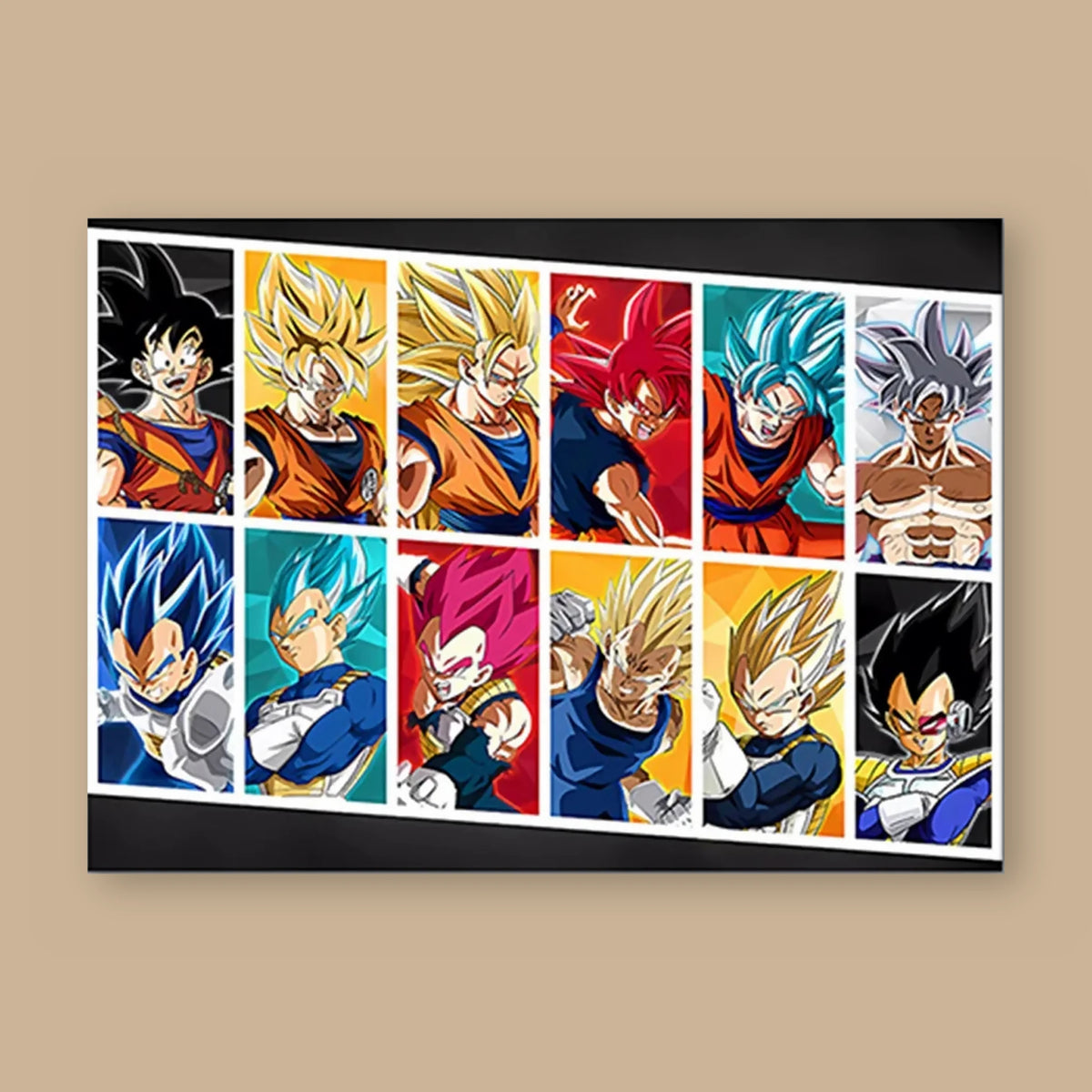 Poster Dragon Ball Son Goku, Vegeta — douze panneaux, format paysage, vu à plat sur fond uni : illustration numérique contemporaine, imprimé sur toile mate et livré sans cadre