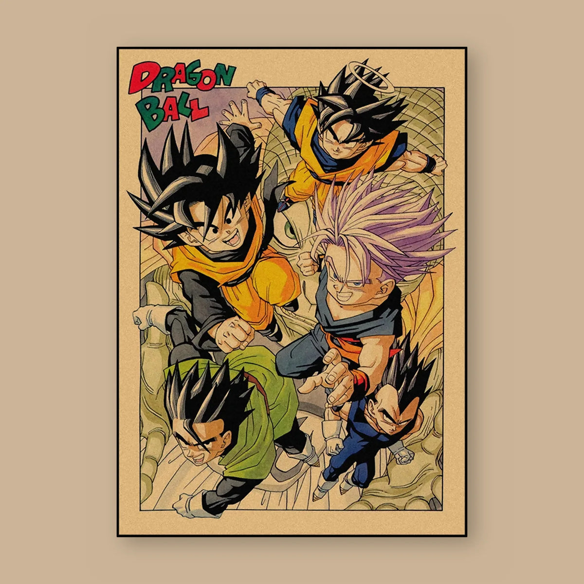 Poster Dragon Ball Goku, Gohan, Trunks, Vegeta — couverture de groupe, vu à plat sur fond uni : illustration rétro, fond papier kraft, imprimé sur toile mate et livré sans cadre