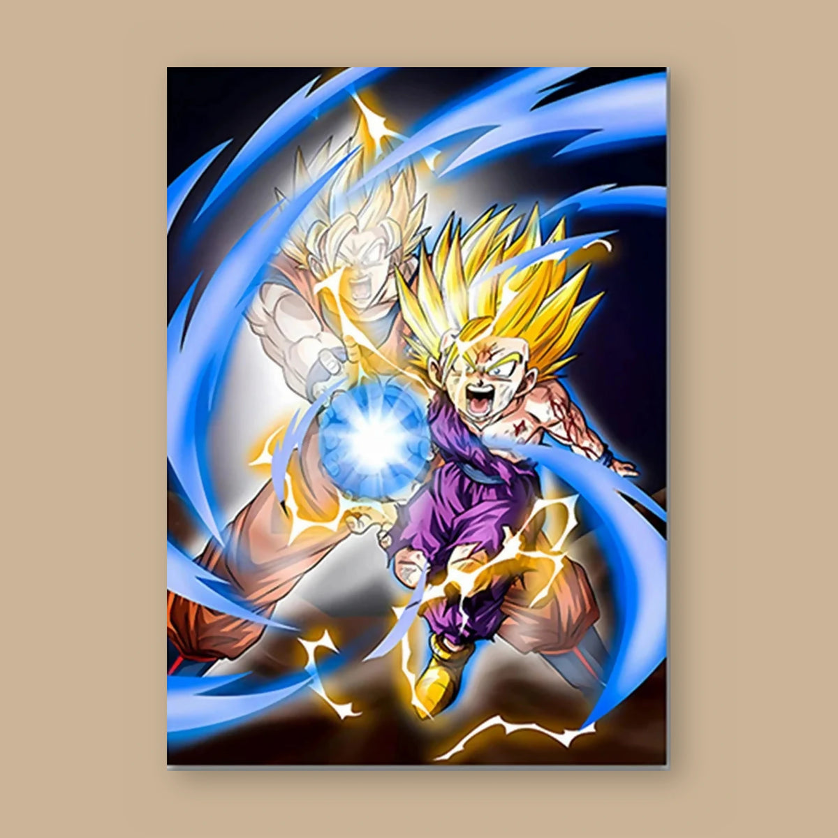 Poster Dragon Ball Son Goku, Son Gohan — Kamehameha père-fils, vu à plat sur fond uni : illustration numérique contemporaine, imprimé sur toile mate et livré sans cadre