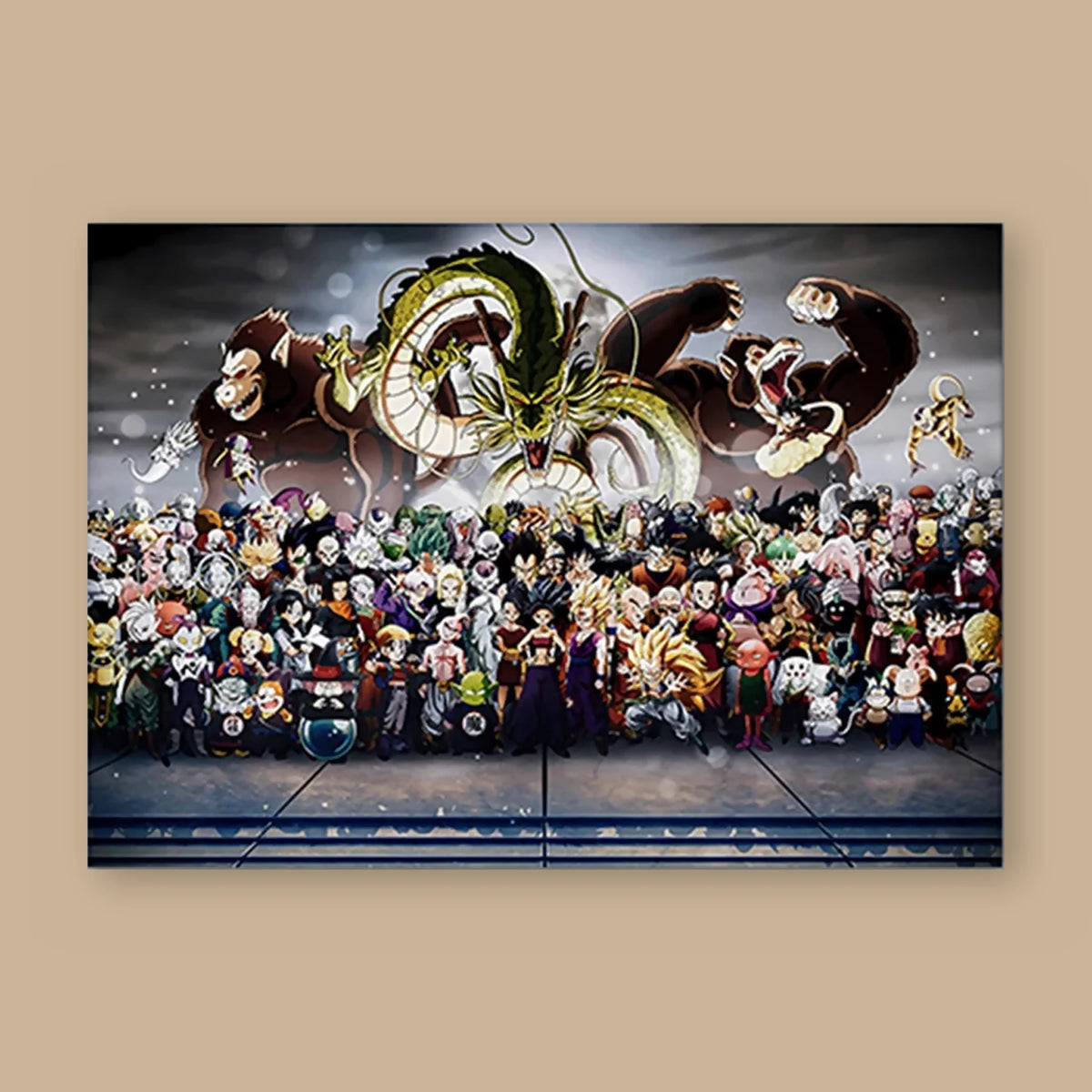 Poster Dragon Ball Tout le casting — photo de famille, format paysage, vu à plat sur fond uni : illustration numérique contemporaine, imprimé sur toile mate et livré sans cadre
