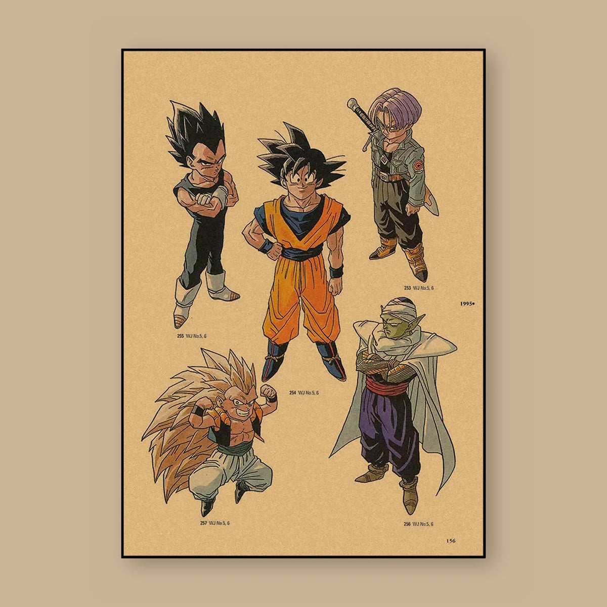 Poster Dragon Ball Vegeta, Goku, Trunks, Piccolo — planche modèle, vu à plat sur fond uni : illustration rétro, fond papier kraft, imprimé sur toile mate et livré sans cadre