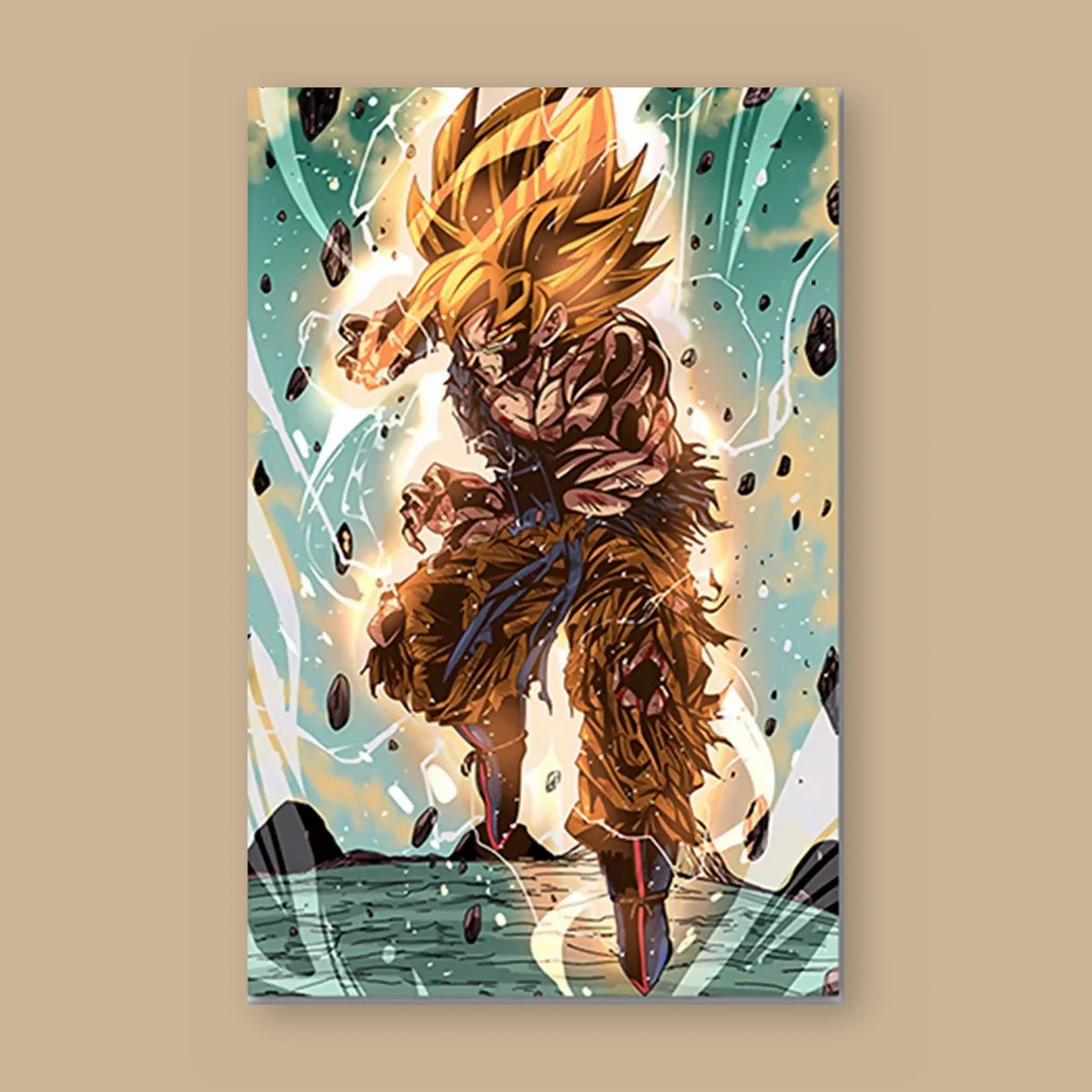 Poster Dragon Ball Son Goku — Super Saiyan 4, vu à plat sur fond uni : illustration numérique contemporaine, imprimé sur toile mate et livré sans cadre