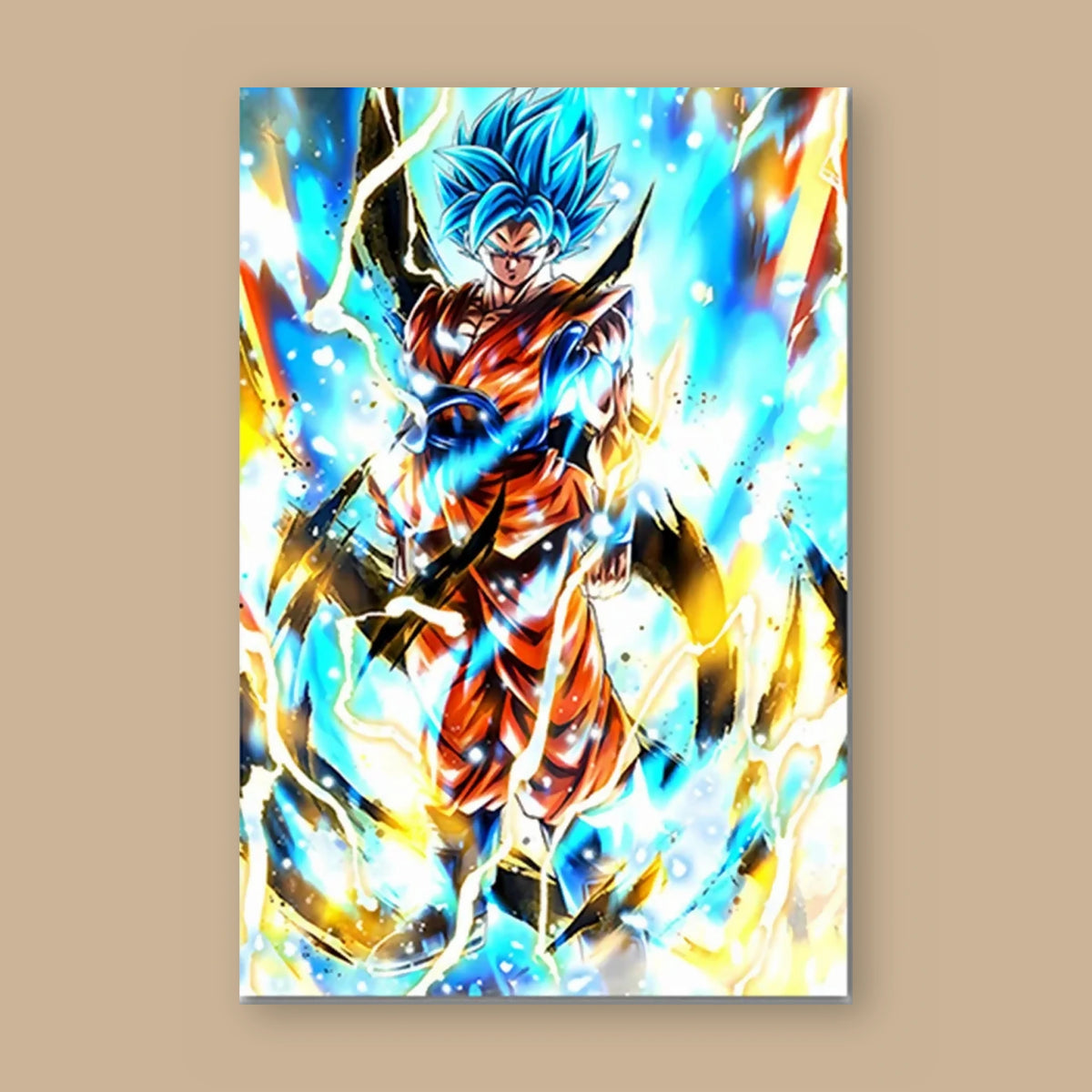 Poster Dragon Ball Son Goku — Super Saiyan Blue, vu à plat sur fond uni : illustration numérique contemporaine, imprimé sur toile mate et livré sans cadre