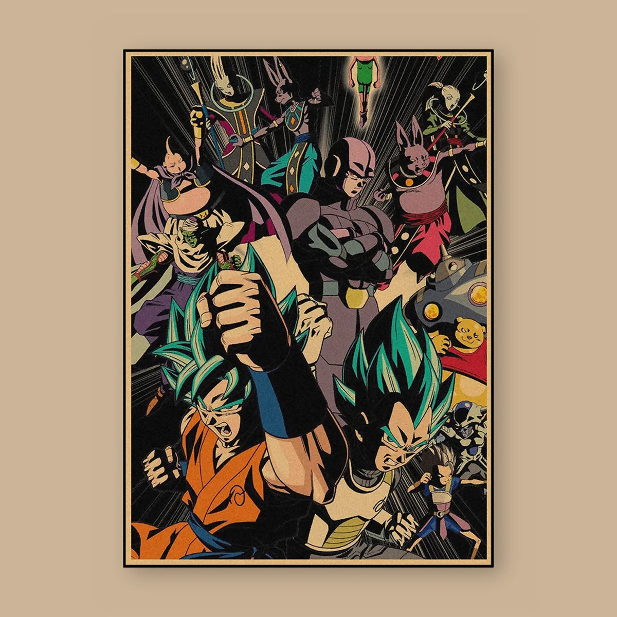 Poster Dragon Ball Jiren, Hit, Beerus, Goku — Tournoi du Pouvoir, vu à plat sur fond uni : illustration rétro, fond papier kraft, imprimé sur toile mate et livré sans cadre